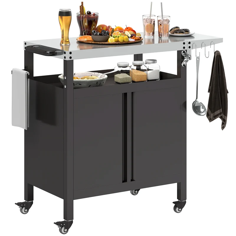 Carrello per Barbecue 116x50x93 cm con Armadietto Piano in Acciaio Inox Nero