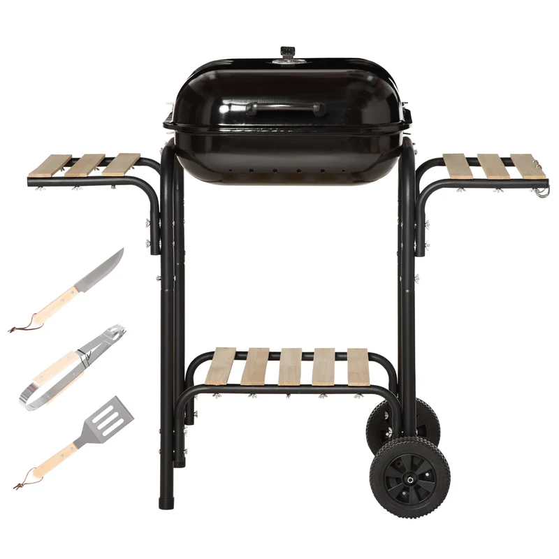 Barbecue a Carbone con Coperchio con Ripiani e Utensili da Cucina Nero