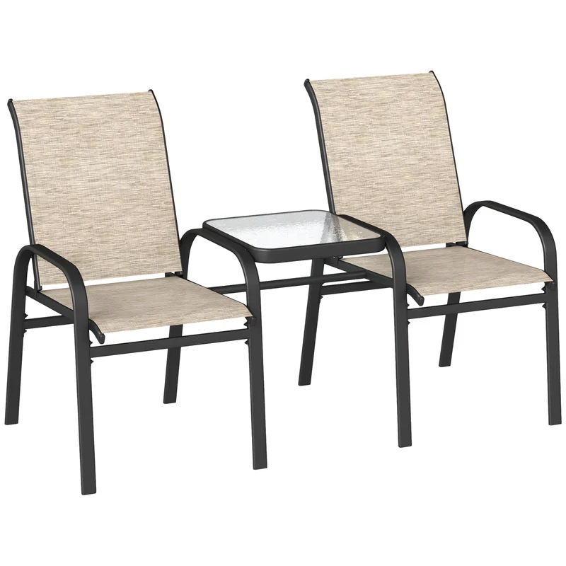 Panchina 2 Posti da Giardino 152x72x95 cm con Braccioli e Tavolino Basso Centrale in Vetro Marrone e Nero
