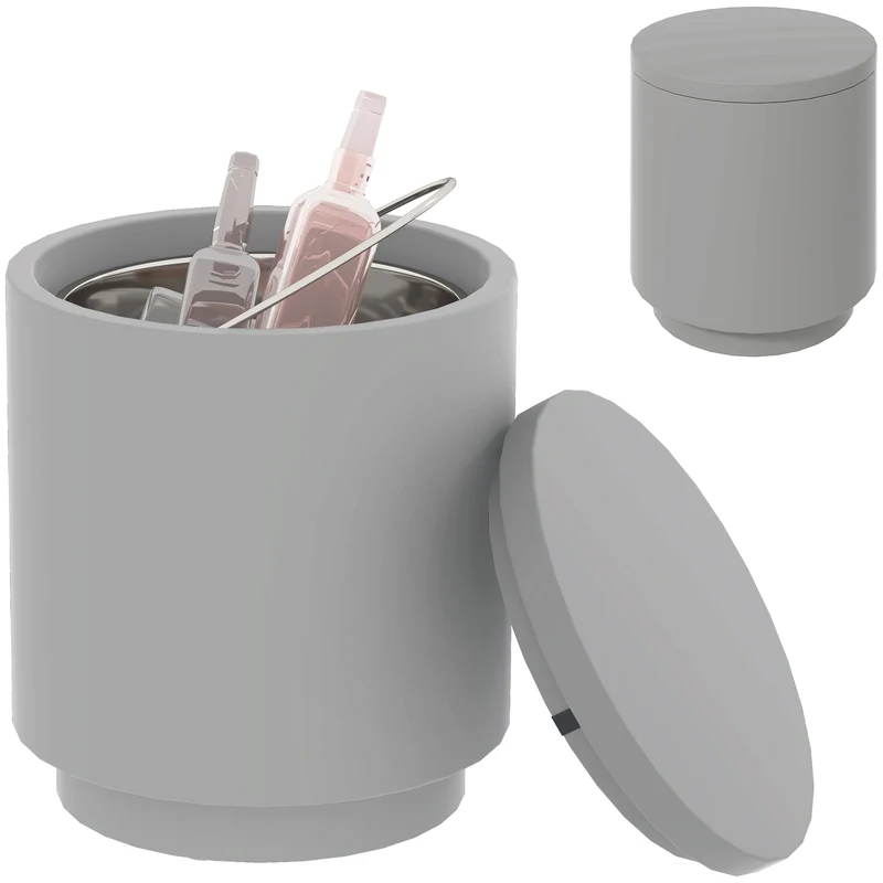 Tavolino da Giardino Multiuso con Secchiello Ghiaccio e Coperchio Ø37,5x43,5 cm in Cemento e Acciaio Inox Grigio Chiaro