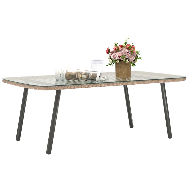 Tavolino da Giardino 110x60x40 cm in Rattan PE con Piano in Vetro e Acciaio Legno Naturale
