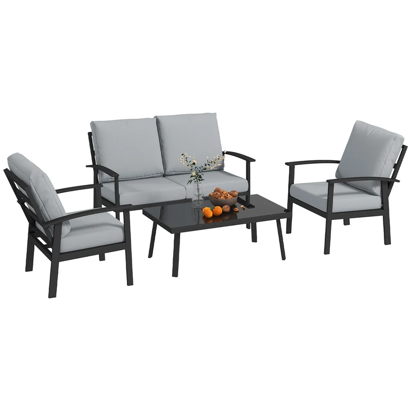 Set 4 Pezzi da Esterno Divano 2 Poltrone e Tavolino in Alluminio e Fibra Grigio Carbone
