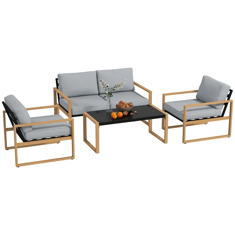 Set 4 Pezzi da Esterno Divanetto 2 Poltrone e Tavolino con Piano in Vetro in Alluminio e Fibra Grigio e color Legno