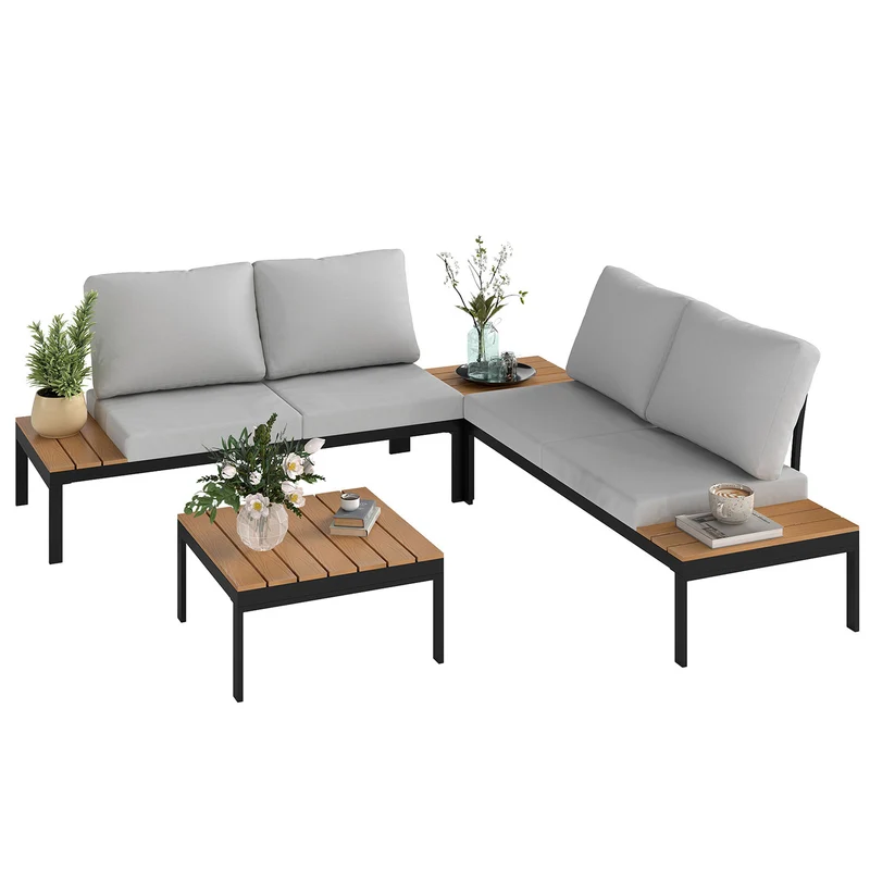 Set Salotto da Giardino Modulabile 2 Divanetti e 2 Tavolini in Metallo e Legno Composito Grigio Nero e Teak