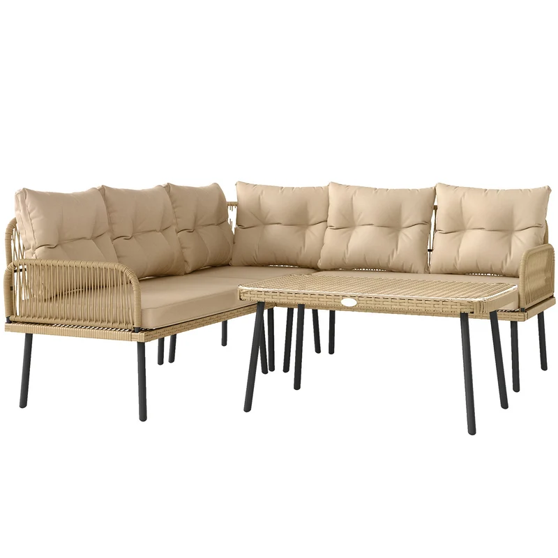 Set Salotto da Giardino 2 Divani Poltrona Angolare e Tavolino in Vetro in Rattan Colore Legno