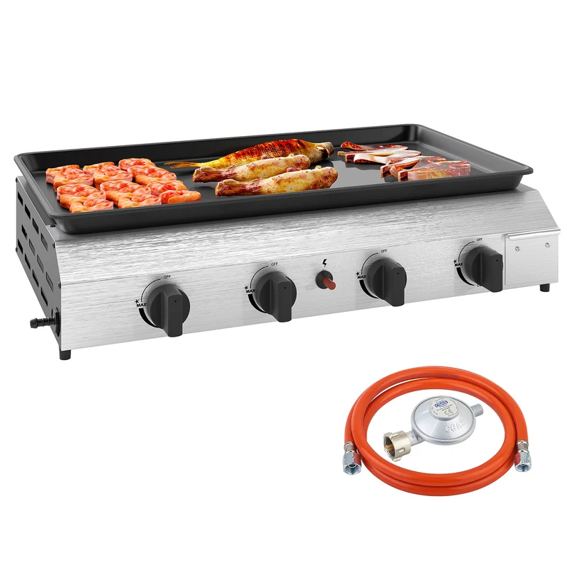 Piastra Barbecue a Gas 77x44,5x19 cm con 4 Bruciatori da 2,4 kw e Piano Antiaderente Argento