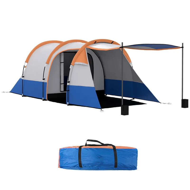 Tenda da Campeggio Impermeabile 420x200x150 cm con 2 Aree e 3 Ingressi in Poliestere e Fibra di Vetro