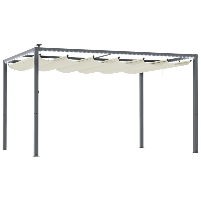 Gazebo Pergola da Giardino 400x300x230 cm Tetto Retrattile con Luci LED e Fori di Drenaggio Bianco Crema