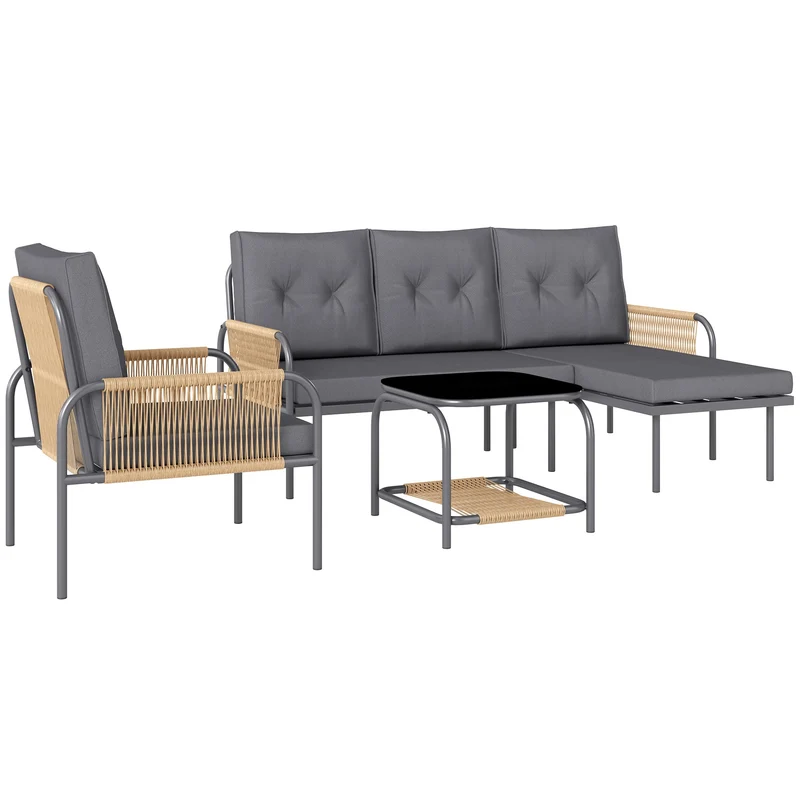 Set Salotto da Giardino Divano con Chaise Longue Poltrona e Tavolino in Rattan Grigio