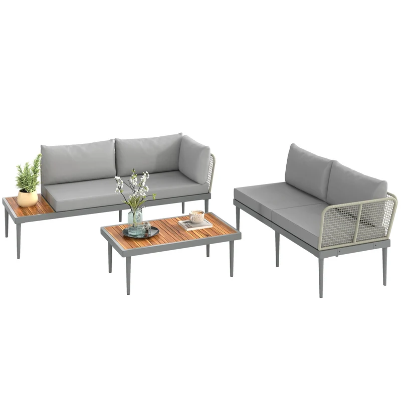 Set Salotto da Giardino 2 Divani e Tavolino Basso a Doghe in Rattan e Acciaio Grigio e color Legno