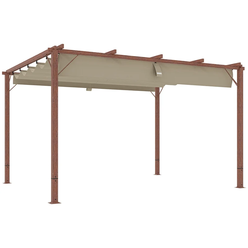 Gazebo Pergola da Giardino 382x300x232 cm con Tetto Retrattile in Poliestere e Alluminio color Legno