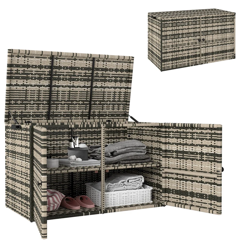 Baule da Giardino 118x57x69 cm Capacità 350L Apertura Frontale e Superiore in Rattan PE Grigio