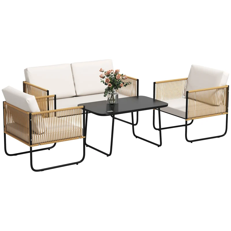 Set 4 Pezzi da Esterno Divanetto 2 Poltrone e Tavolino Basso con Piano in Vetro in Rattan Bianco Crema
