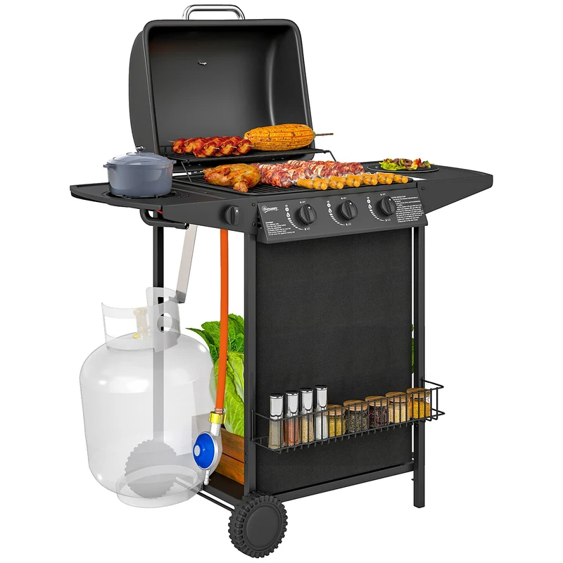 Barbecue a Gas con 4 Bruciatori Indipendenti 108x54x97 cm Coperchio con Termometro Nero