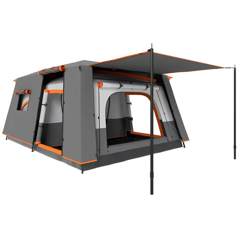 Tenda da Campeggio Impermeabile e UPF 30+ 430x305x195 cm per 4-6 Persone con 2 Stanze Grigio