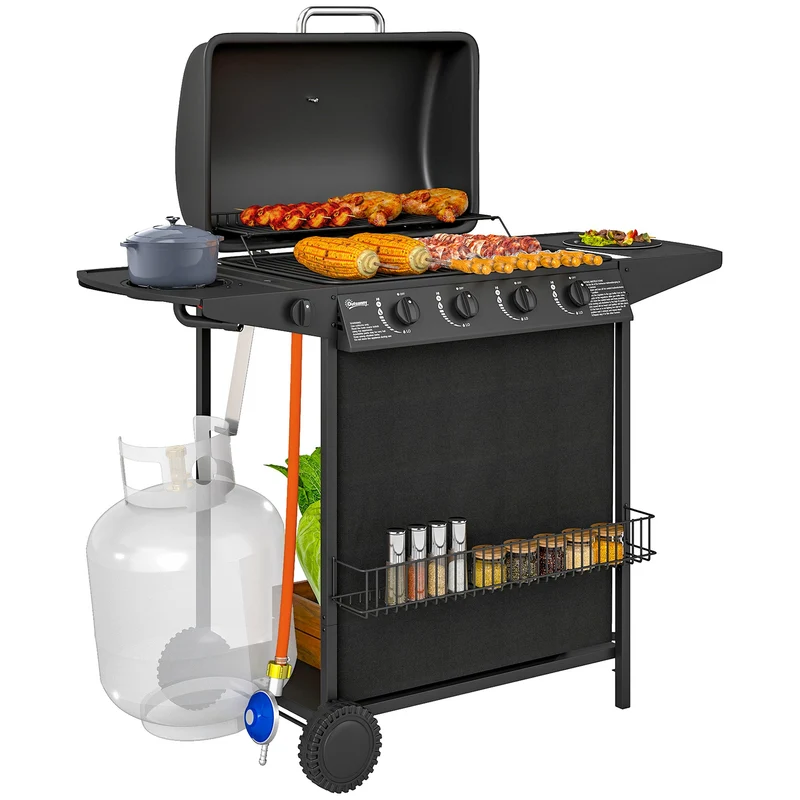 Barbecue a Gas con 4+1 Bruciatori Indipendenti 121x54x97 cm Coperchio con Termometro Nero