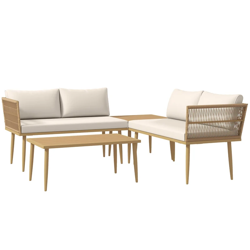 Set 4 Pezzi da Esterno 2 Divani con Cuscini e 2 Tavolini in Rattan PE Colore Legno