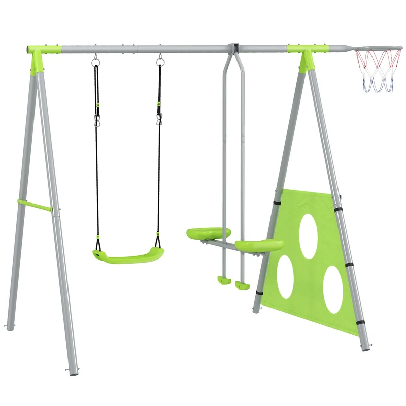 Gioco per Bambini 4 in 1 215x180x182 cm con 2 Altalene Canestro e Porta da Calcio Verde e Grigio