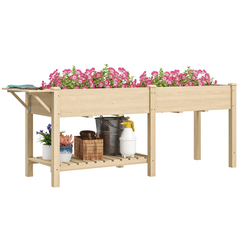 Fioriera Rialzata 207x59x78 cm con Tavolino Laterale e Ripiano Inferiore in Legno di Abete