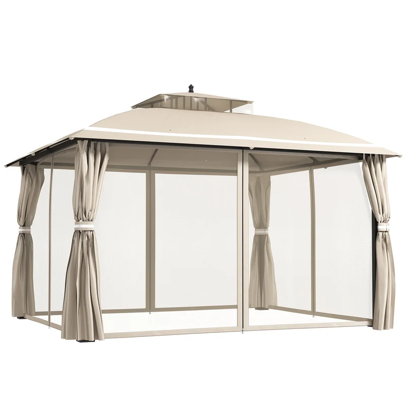 Gazebo da Giardino 370x303x290 cm Tende Laterali e Zanzariere Beige
