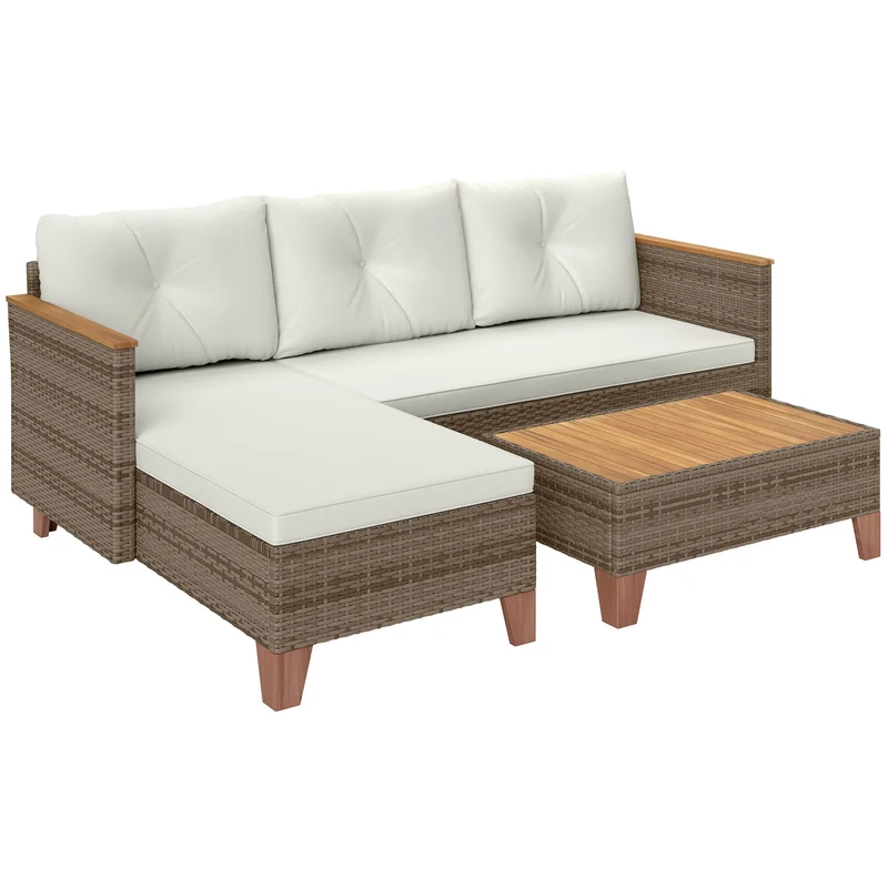 Set Salotto da Giardino Divano 2 Posti con Chaise Longue e Tavolino in Rattan PE Crema