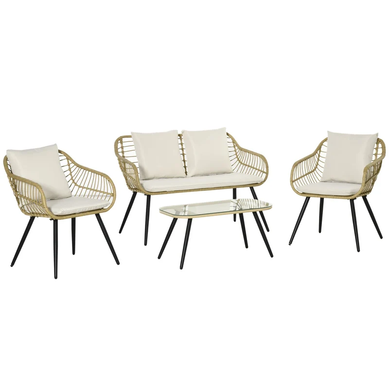 Set 4 Pezzi da Esterno 2 Sedie Divano 2 Posti e Tavolino con Piano in Vetro in Rattan PE Naturale e Crema
