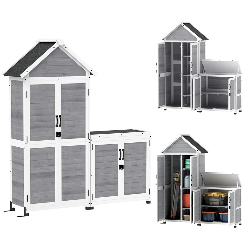 Set 2 Armadi Porta Attrezzi da Esterno Porte con Blocco in Legno di Abete Grigio Chiaro