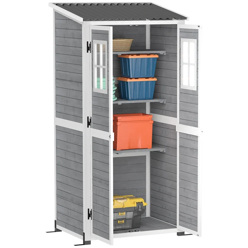 Armadio Porta Attrezzi da Esterno 91x69x185-192H cm Tetto inclinato in Plastica in Legno Grigio
