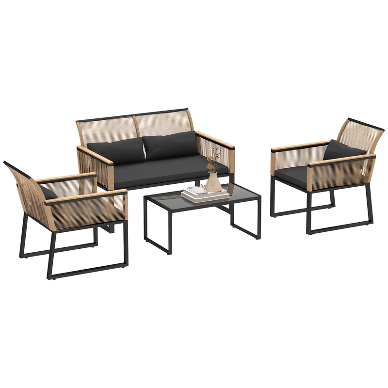 Set 4 Pezzi da Esterno Divano 2 Poltrone e Tavolino Top in Vetro in Rattan PE Nero