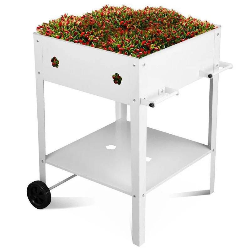 Fioriera Orto Rialzato da Giardino 57x57x80 cm in Metallo con Ruote Bianco