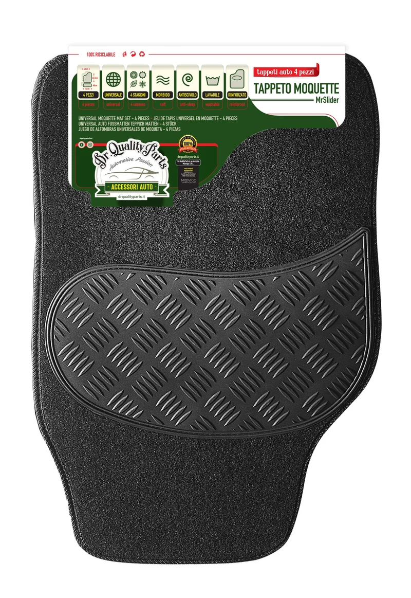 Set 4 Tappetini Universali per Auto in Moquette e PVC Neri Mr Slider 17166