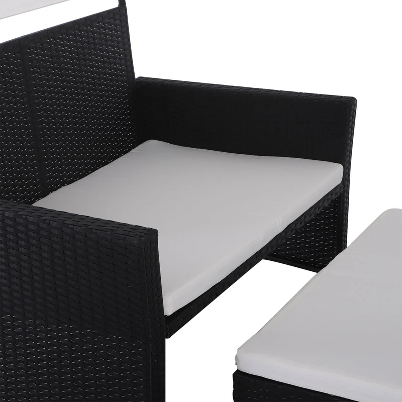 Set Salotto da Giardino in Rattan Sintetico Divano con Tetto e Tavolino Nero e Bianco