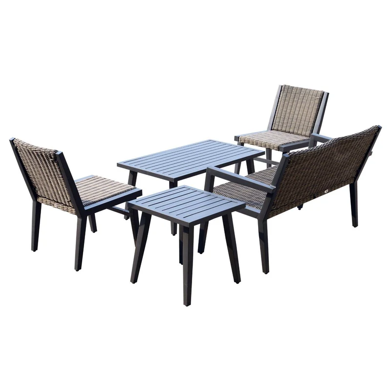 Set Salotto da Giardino in Rattan Sintetico Panca Poltroncine e Tavolo Marrone e Beige