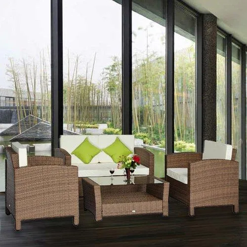 Set Salotto da Giardino in Rattan Sintetico Tavolino Divano e 2 Poltrone con Cuscini Marrone Chiaro