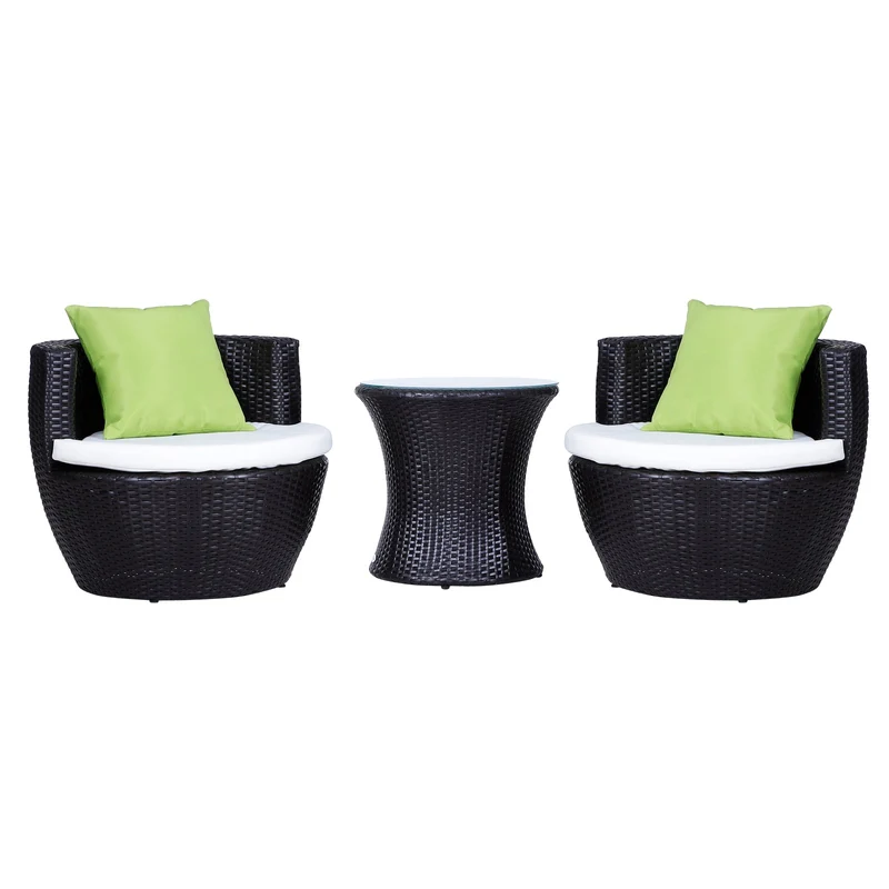Set Salotto da Giardino in Rattan Sintetico 2 Poltroncine Tonde con Tavolino e Cuscini Marrone
