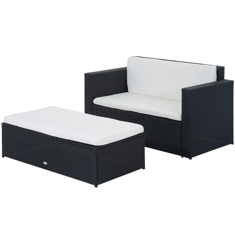 Set Salotto da Giardino in Rattan Sintetico Divano e Poggiapiedi con Cuscini Nero