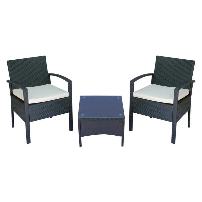Set Salotto da Giardino 2 Poltroncine e Tavolino con Cuscini Rattan Sintetico Nero