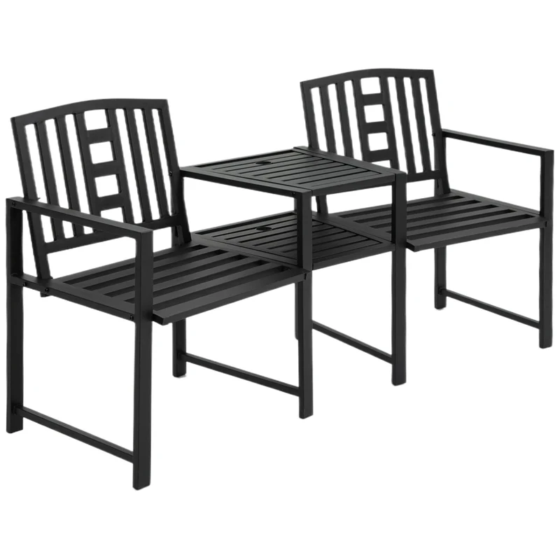 Panchina 2 Posti da Giardino 165x53,5x85,5 cm con Tavolino in Metallo Nero