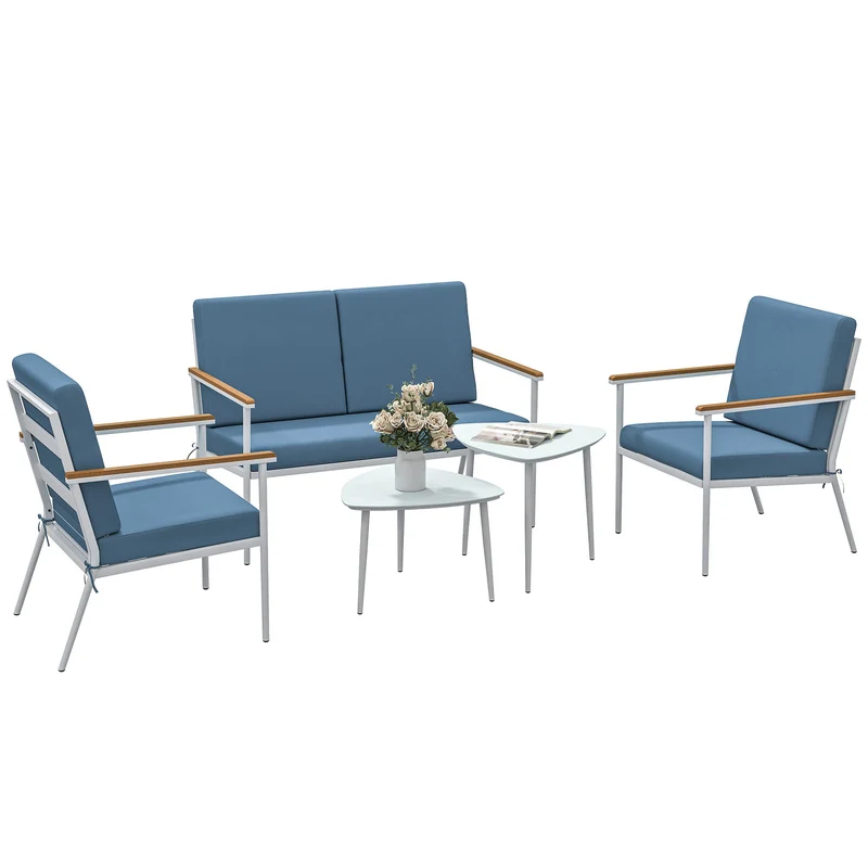Set 5 Pezzi da Esterno Divano 2 Poltrone e 2 Tavolini in Vetro Azzurro