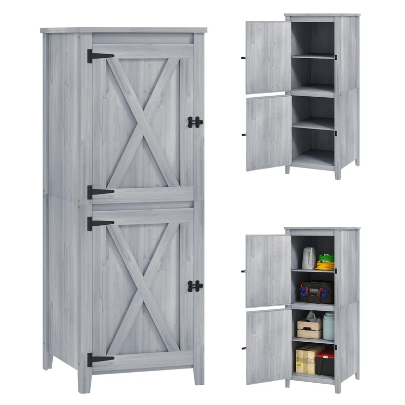 Armadio Porta Attrezzi da Esterno 60x 60x160 cm con 2 Armadietti con Blocco in Legno di Abete Grigio