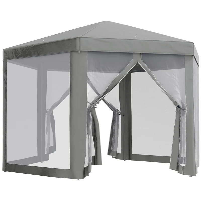Gazebo da Giardino Esagonale 390x390x250 cm con Doppio Ingresso in Metallo e Poliestere Grigio