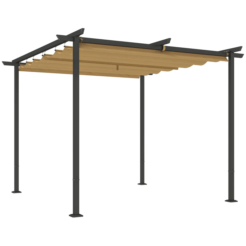 Gazebo Pergola da Giardino 300x300x227H cm con Tetto Retrattile e Fori di Drenaggio Beige e Nero
