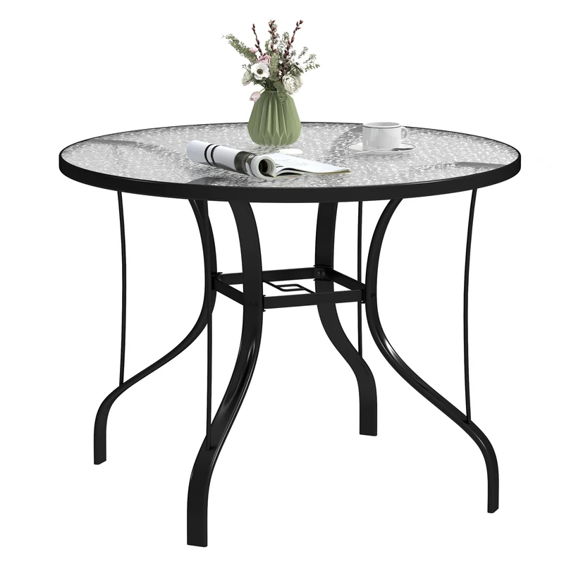 Tavolino da Giardino Rotondo Ø96.5x71 cm con Foro per Ombrellone in Metallo e Vetro Temperato Nero