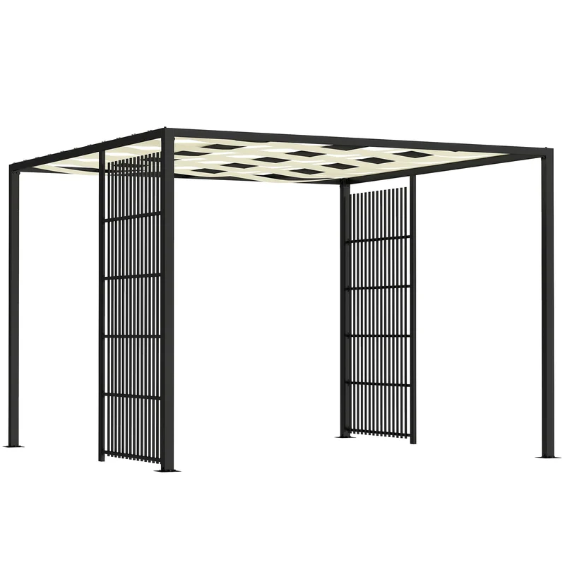 Pergola Gazebo da Giardino 295x295x210 cm Copertura Ondulata e Pannelli Laterali in Metallo Nero