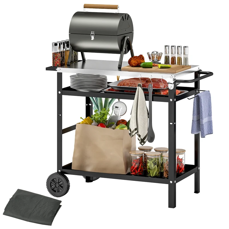 Carrello per Barbecue 100x52x80 cm con Piano in Acciaio Nero