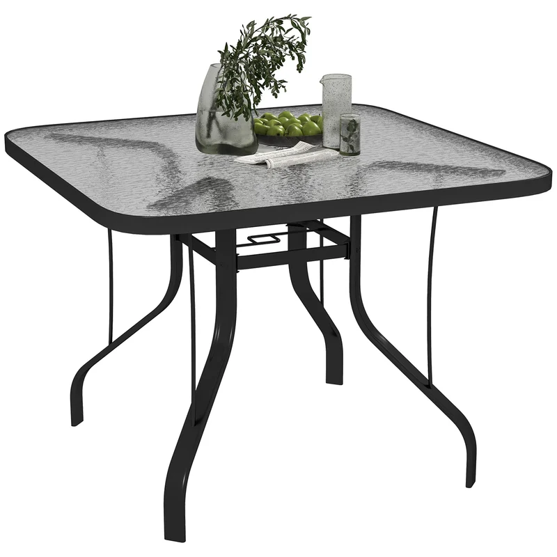 Tavolo da Giardino a 4 Posti 96,5x96,5x70 cm con Piano in Vetro e Foro per Ombrellone Ø54 mm Nero