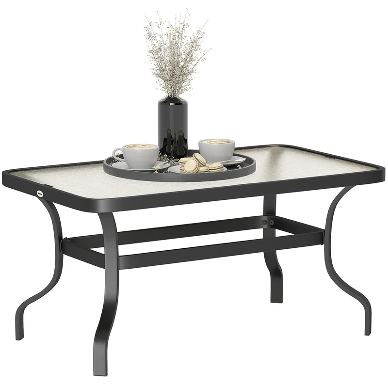 Tavolino da Esterno Rettangolare 95x55x46 cm Piano in Vetro in Metallo Nero