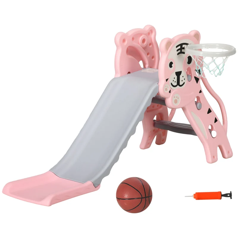 Scivolo per Bambini 18-36 Mesi 133x60x70 cm con Canestro da Basket Rosa e Grigio