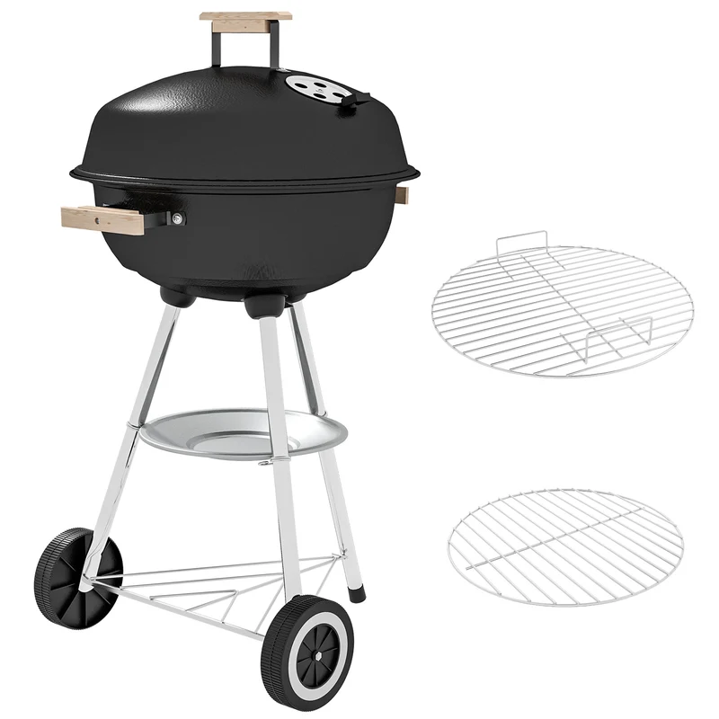 Barbecue a Carbonella con Griglia in Acciaio Coperchio e Prese d'Aria e Ruote Nero