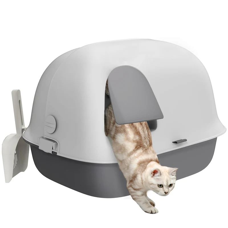 Lettiera per Gatti Chiusa 58x46x39 cm con Gattaiola e Paletta in PP Grigio Chiaro e Bianco